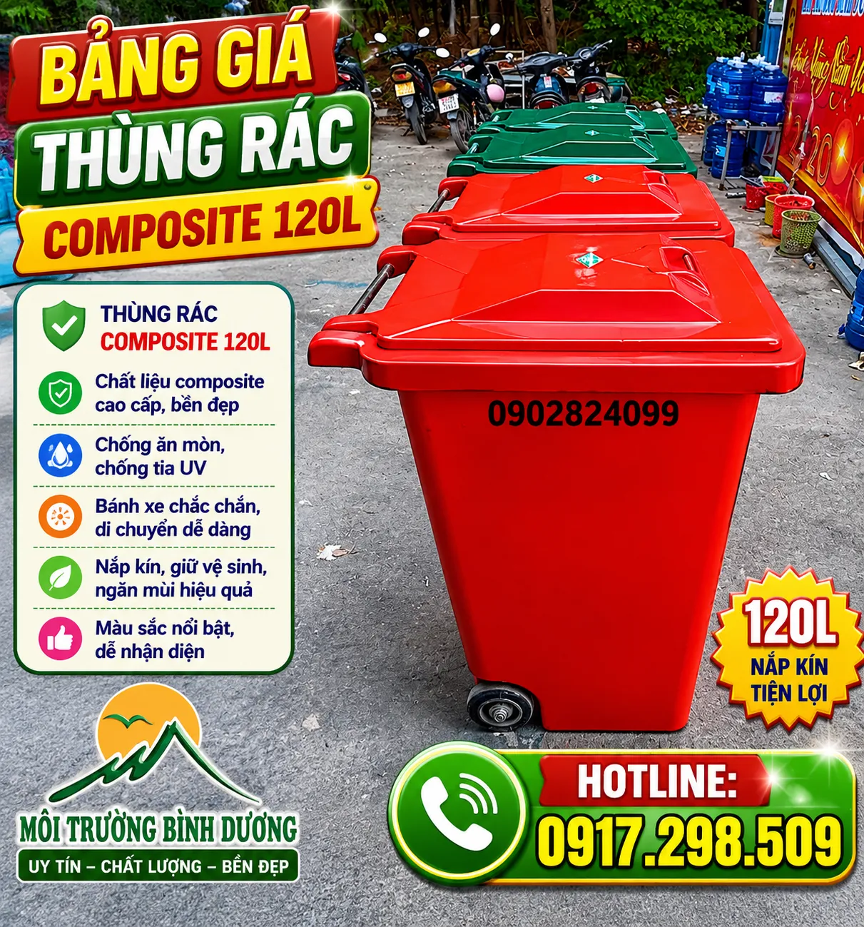 Thùng rác composite 120L có bánh xe siêu bền giá gốc