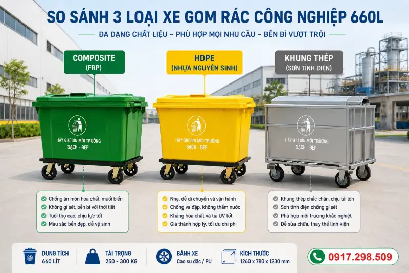 so sánh Xe Gom Rác 660L: Composite vs HDPE vs Thép