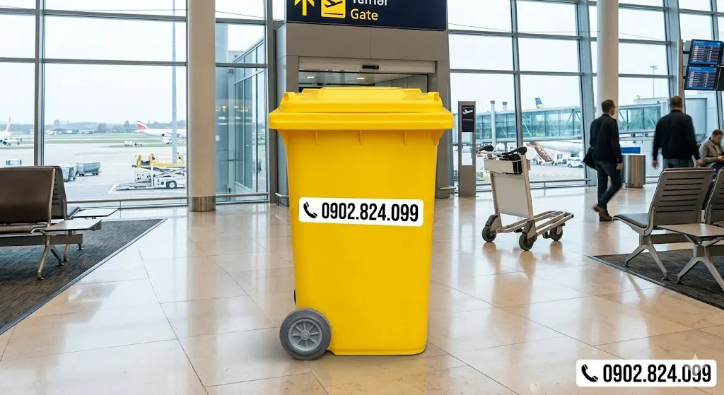 Mẫu thùng rác 120 lít lắp tại sân bay ( ảnh đồ họa : AI)