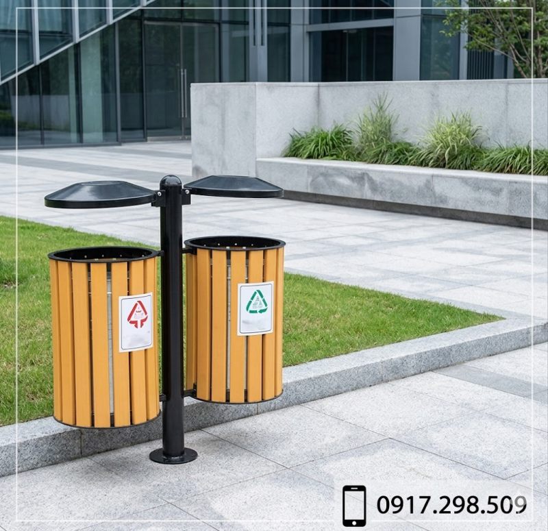 báo giá thùng rác gỗ treo đôi ngoài trời 
