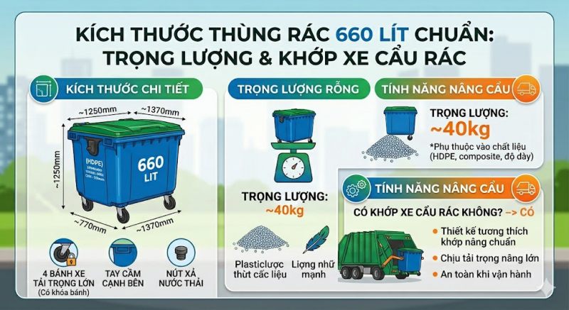 Kích thước thùng rác 660 lít chuẩn 
