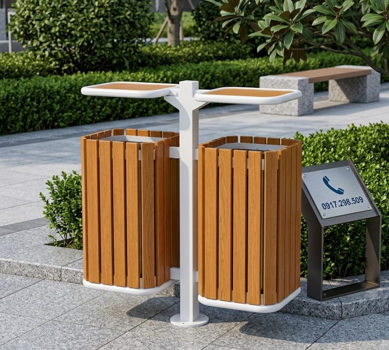 Thùng rác gỗ treo đôi 