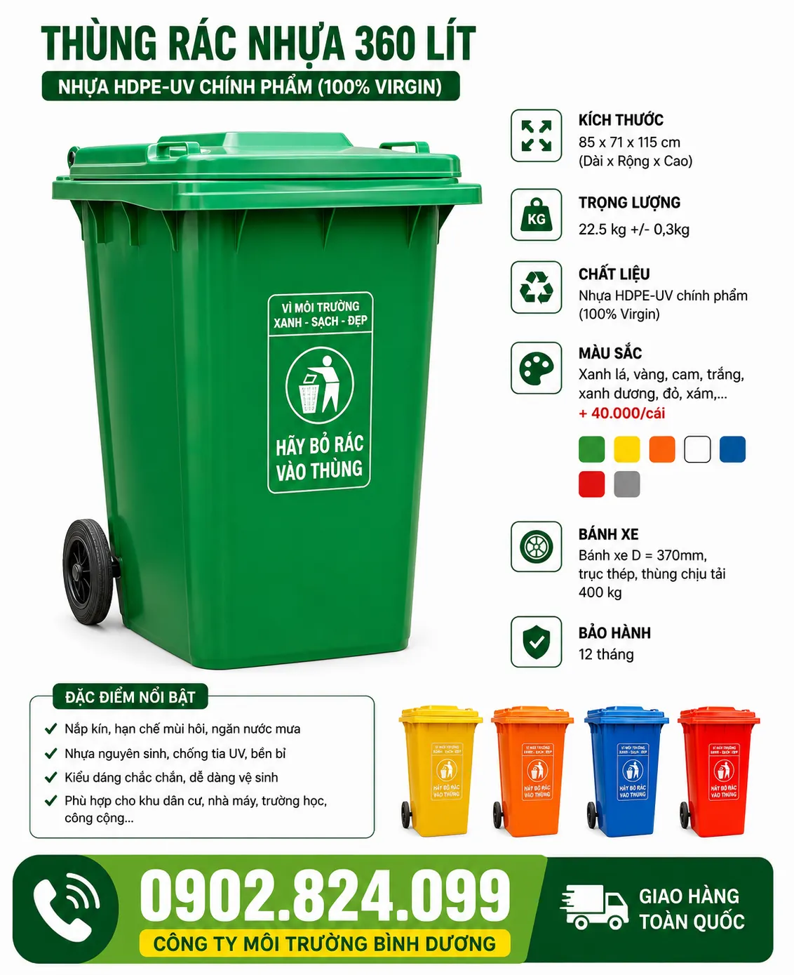 Thùng rác 240l 2 bánh xe nặng tải 14kg dùng cho khu công nghiệp