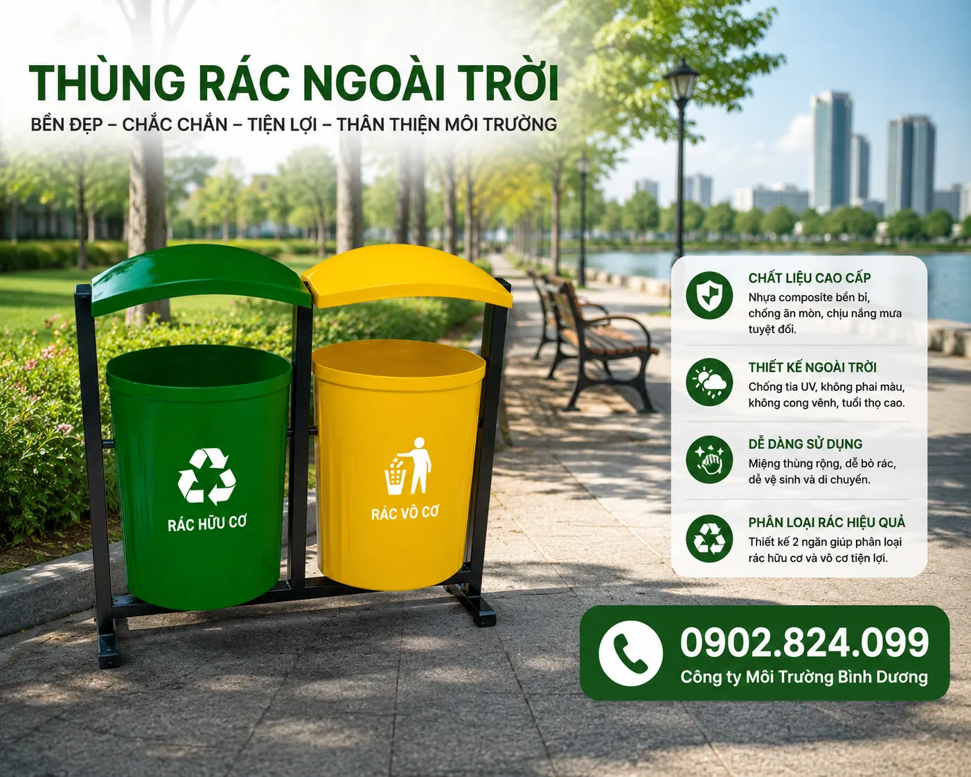 Thùng Rác Composite 2 Ngăn Ngoài Trời – Chuẩn Xanh, Bền 15 Năm | Giá Xưởng
