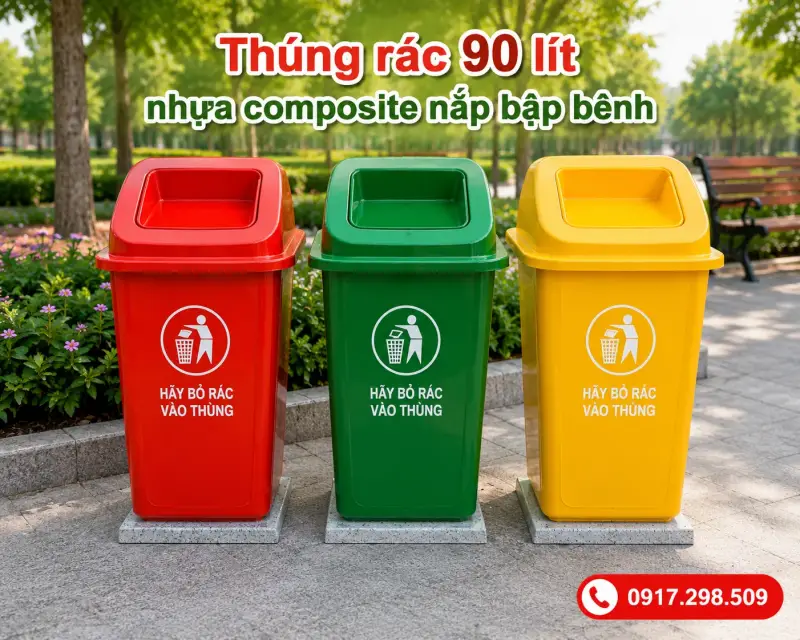 Thùng Rác Composite - HDPE  60L & 90L Cố Định – Nắp Bập Bênh, Đế Granito | Báo Giá Mới Nhất