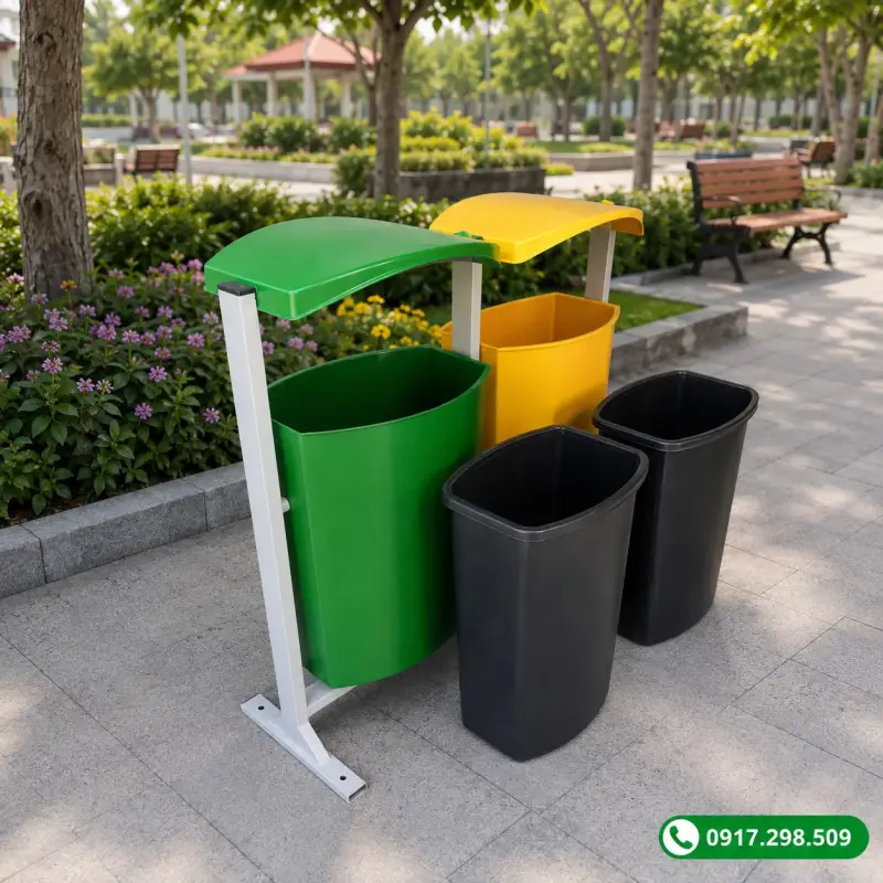 Thùng Rác Composite Treo Đôi 80L Khung Sắt Có Mái Che — Báo Giá Tận Xưởng 2026