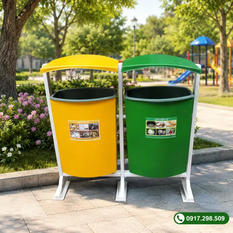 Thùng Rác Composite Treo Đôi 80L Khung Sắt Có Mái Che — Báo Giá Tận Xưởng 2026