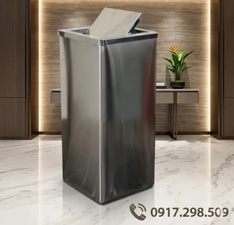 Thùng Rác Inox Nắp Lật Vuông Cao Cấp Văn Phòng, Khách Sạn