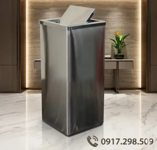 Thùng Rác Inox Nắp Lật Vuông Cao Cấp Văn Phòng, Khách Sạn