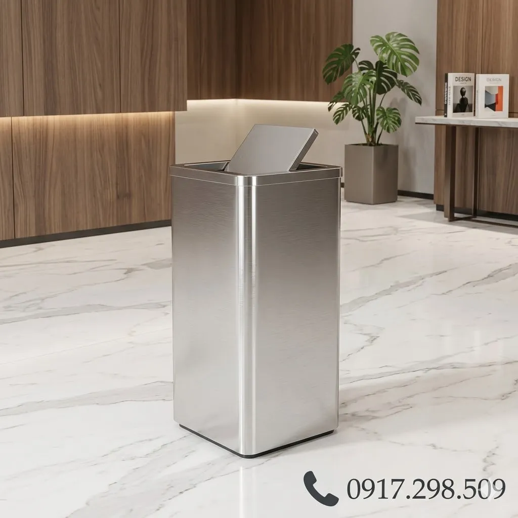 Thùng Rác Inox Nắp Lật Vuông Cao Cấp Văn Phòng, Khách Sạn