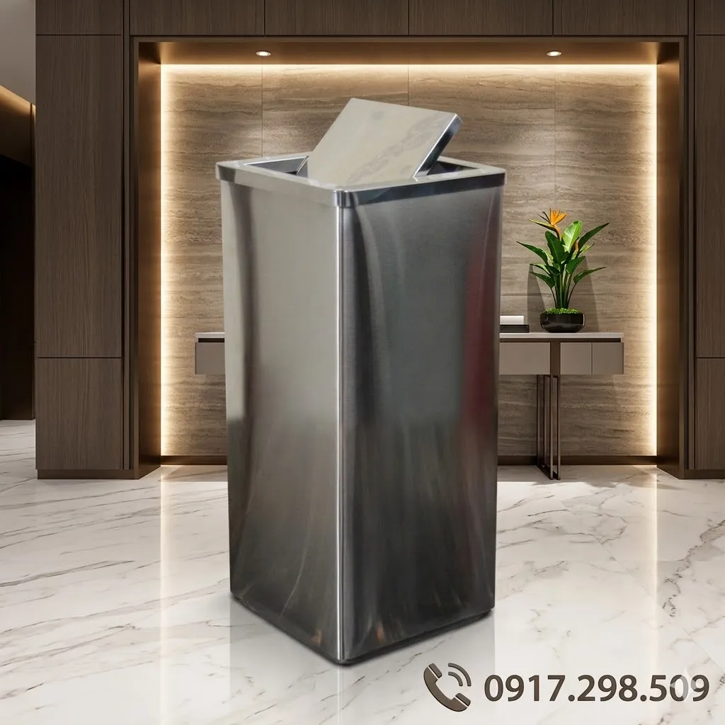 Thùng Rác Inox Nắp Lật Vuông Cao Cấp Văn Phòng, Khách Sạn