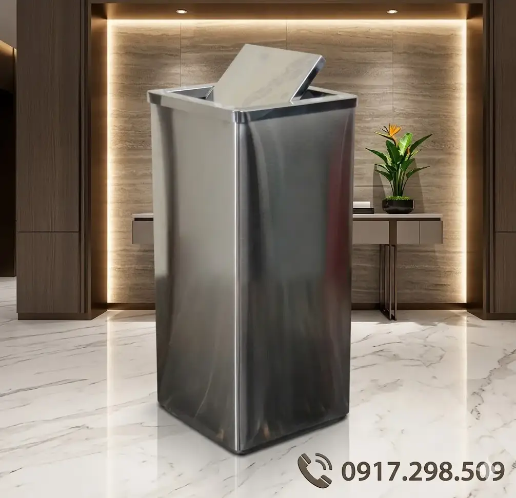 Thùng Rác Inox Nắp Lật Vuông Cao Cấp Văn Phòng, Khách Sạn