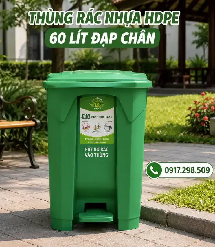 Thùng Rác Nhựa HDPE 60L Có Nắp - Giá Xưởng