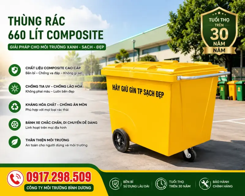 Xe Gom Rác 660L Composite (3 Bánh / 4 Bánh) – Giá Gốc Xưởng | Môi Trường Bình Dương