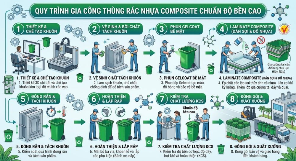 Quy Trình Gia Công Thùng Rác Nhựa Composite Chuẩn Độ Bền 15 Năm